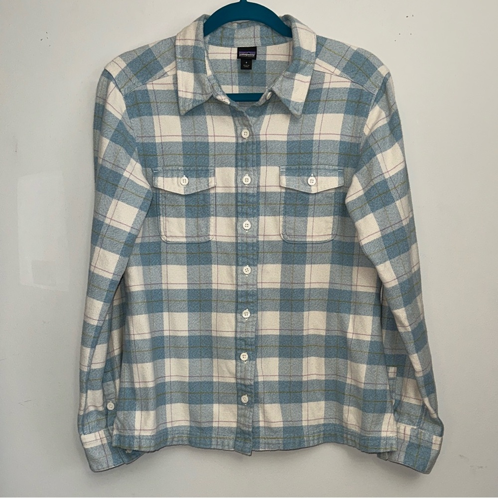 Patagonia Worn Wear Organic Cotton Shirt 🩵 Blue & Cream Plaid Flannel Shacket M